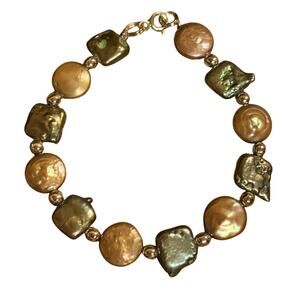 Gold Vermeil over Sterling Silver Freshwater Coin Pearl Bracelet Green & Gold